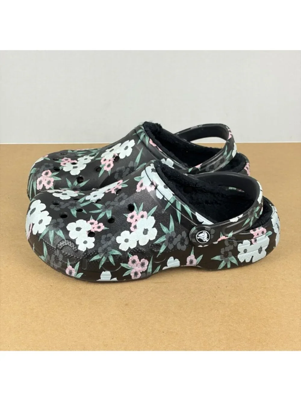 Crocs Classic Lined Floral Clogs Womens 9 Black White Pink Slingback Slip On